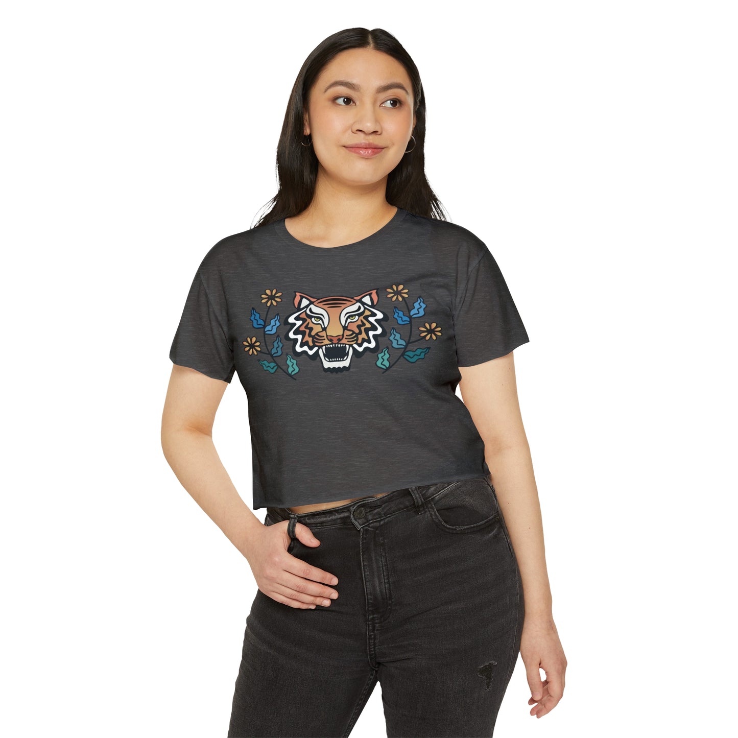 Retro Tiger with Flowers Women's Festival Crop Top
