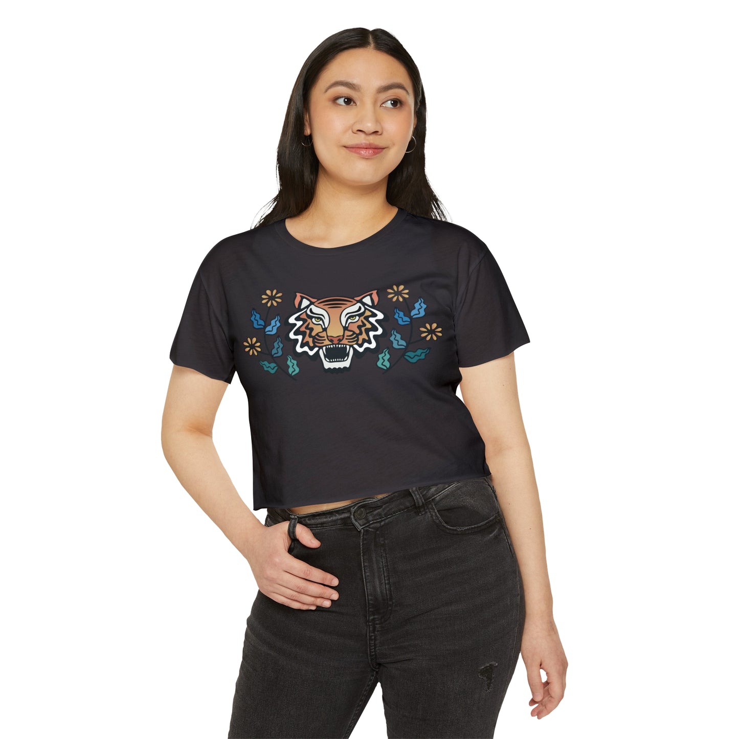 Retro Tiger with Flowers Women's Festival Crop Top