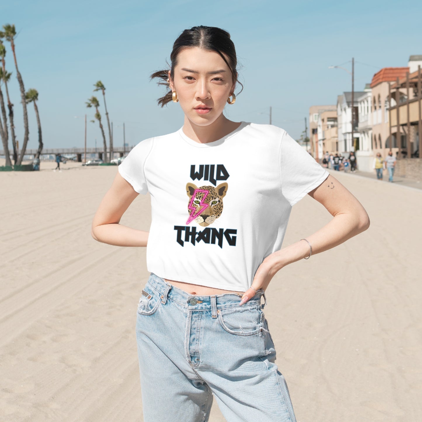 Wild Thang Neon Pink Lightening Leopard Women's Flowy Cropped Tee