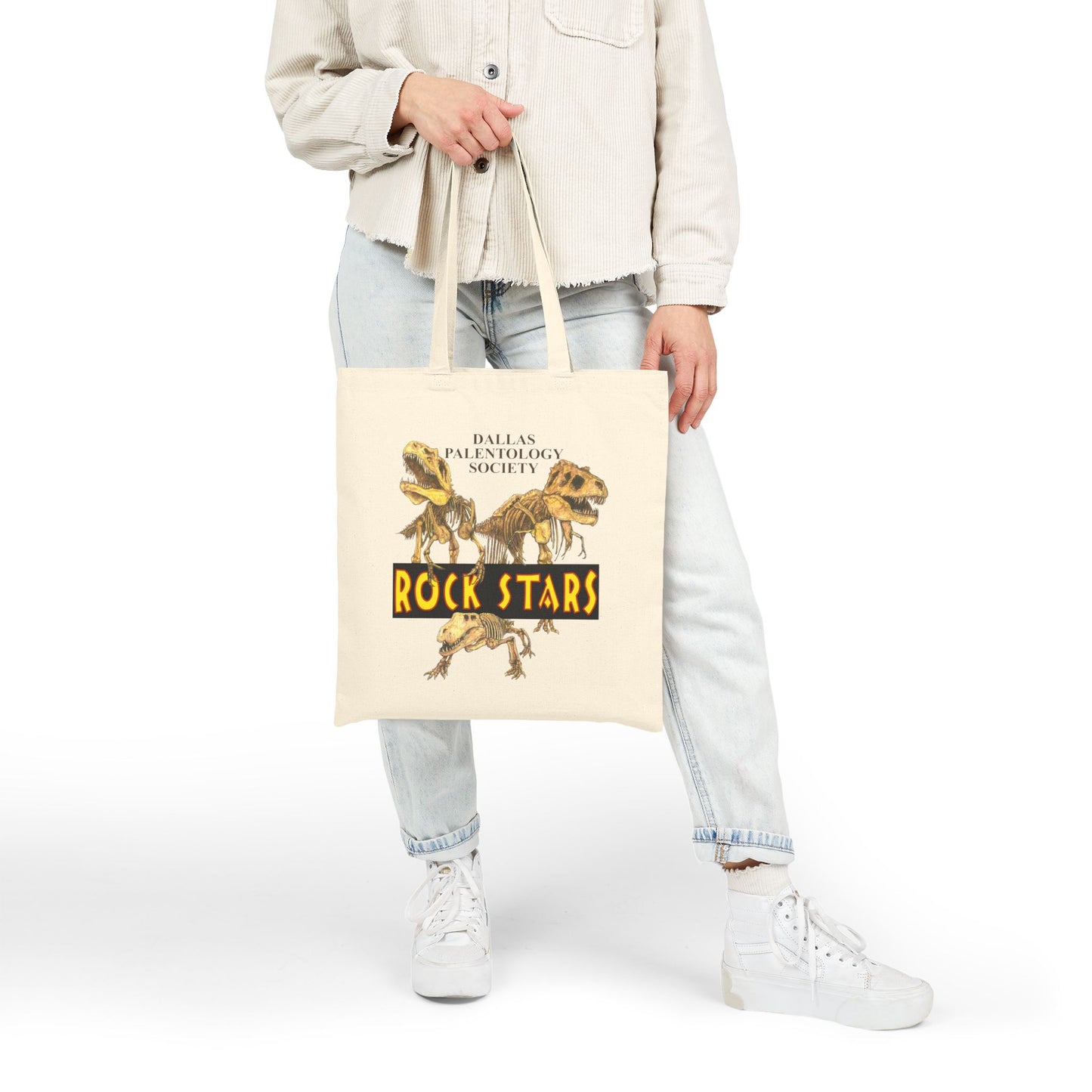 Rock Starts Dino Cotton Canvas Tote Bag, Fun Paleontology Gift, Eco-Friendly Shopping Bag, Dinosaur Enthusiast Tote, 15x16x20