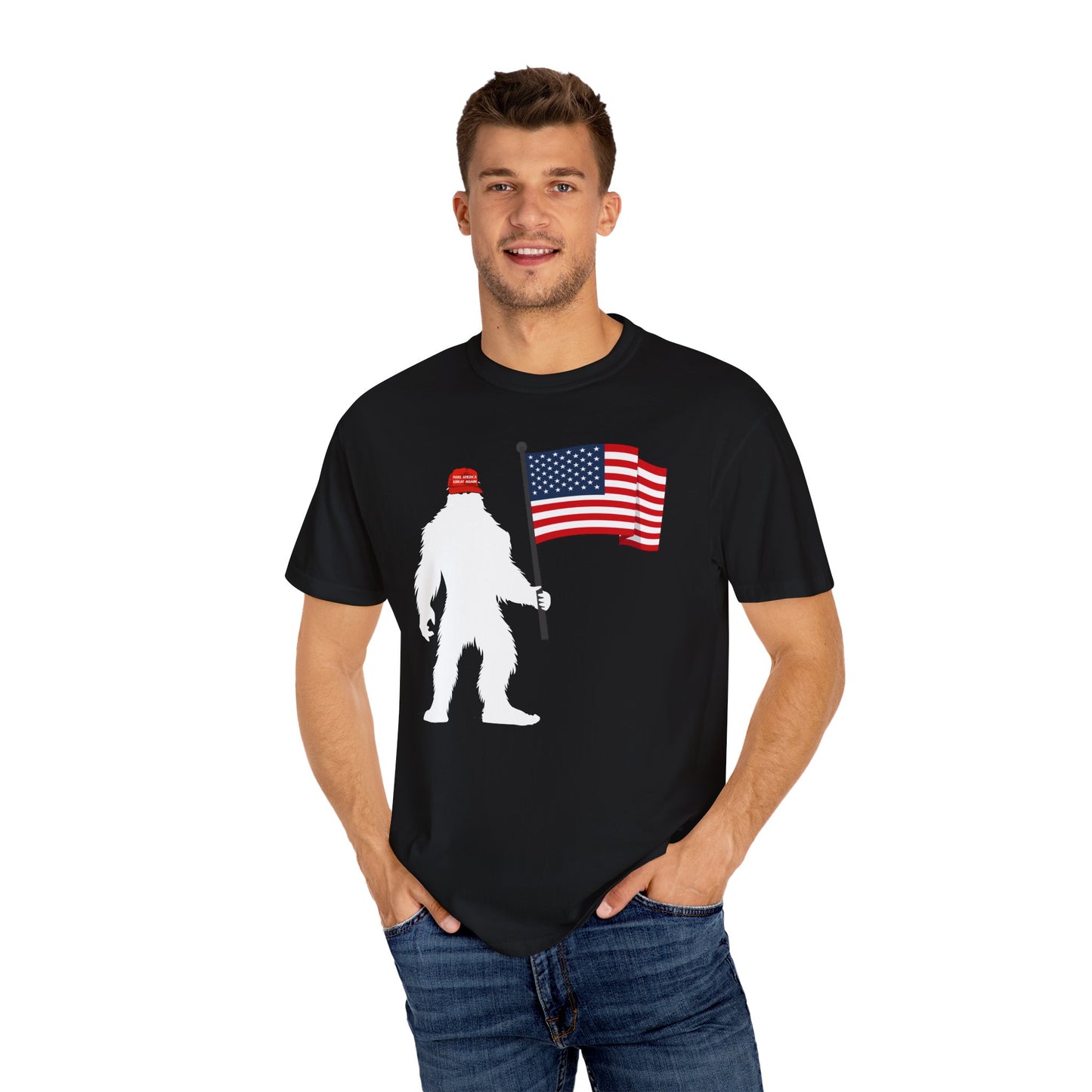 MAGA Hat Bigfoot USA Flag Color Comfort Unisex T-shirt