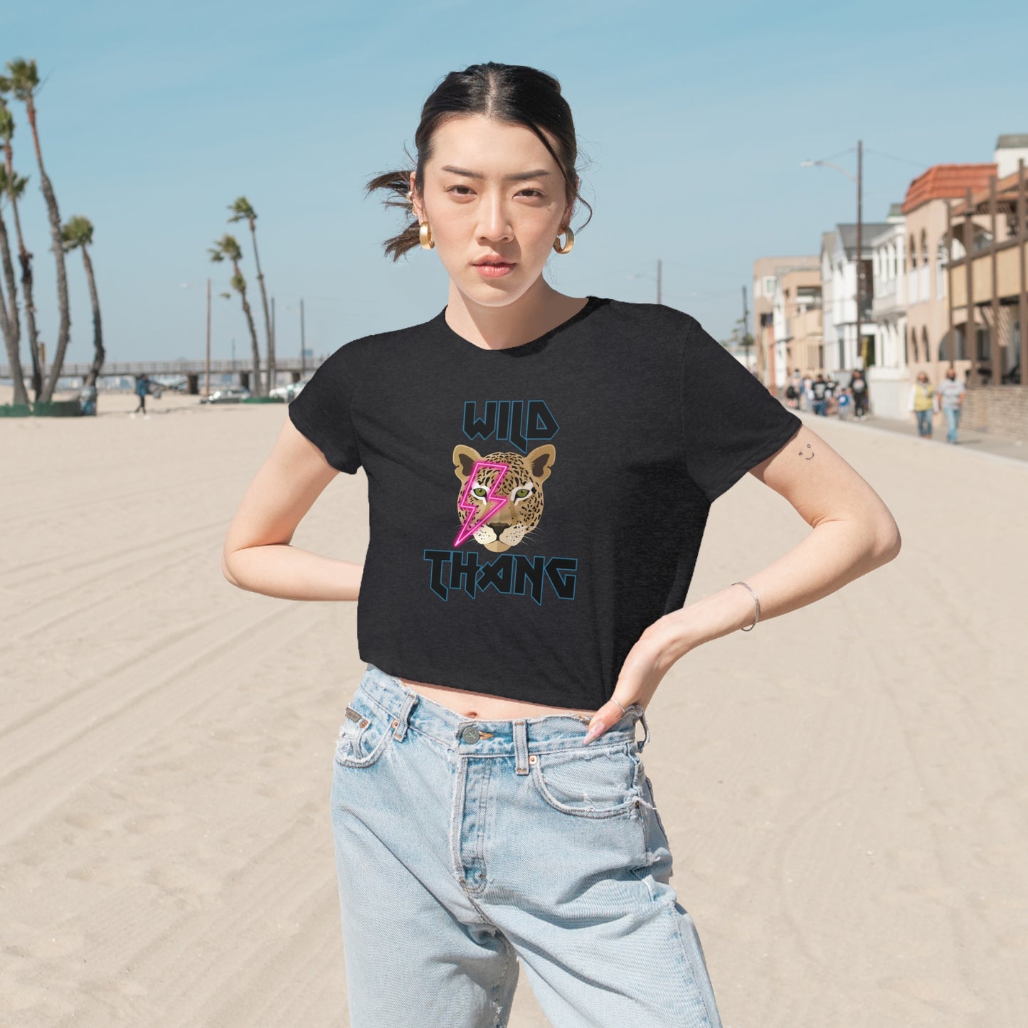 Wild Thang Neon Pink Lightening Leopard Women's Flowy Cropped Tee