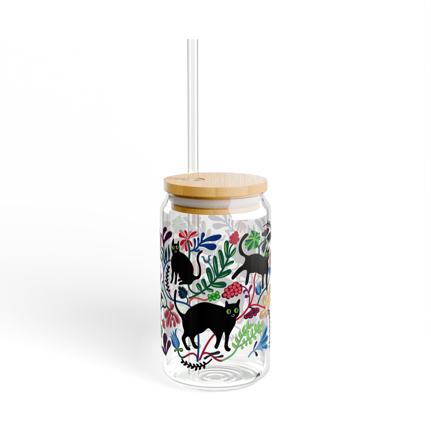 Retro cat and flower design Sipper Glass, 16oz