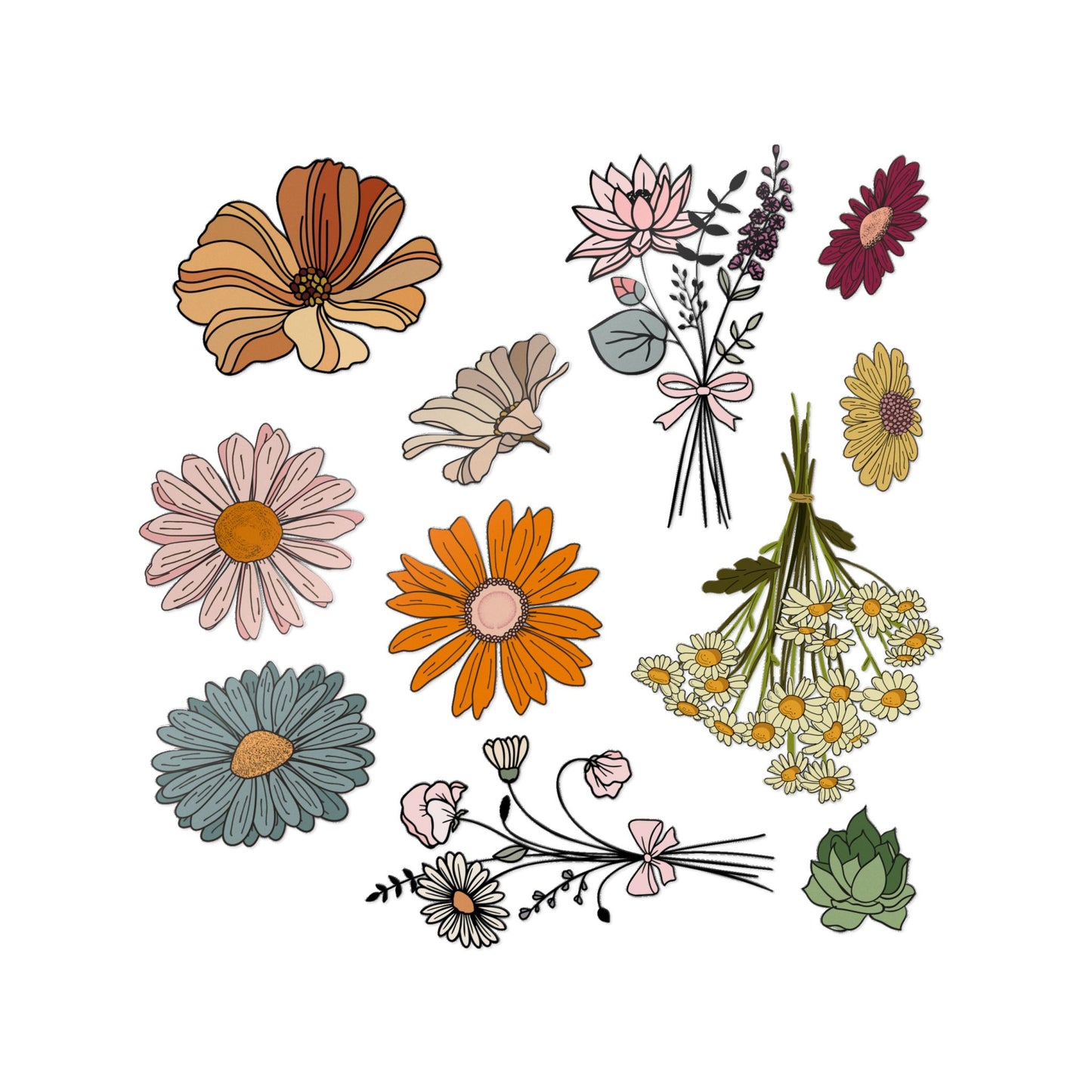 BOHO Flowers Die-Cut Stickers, (DTF)
