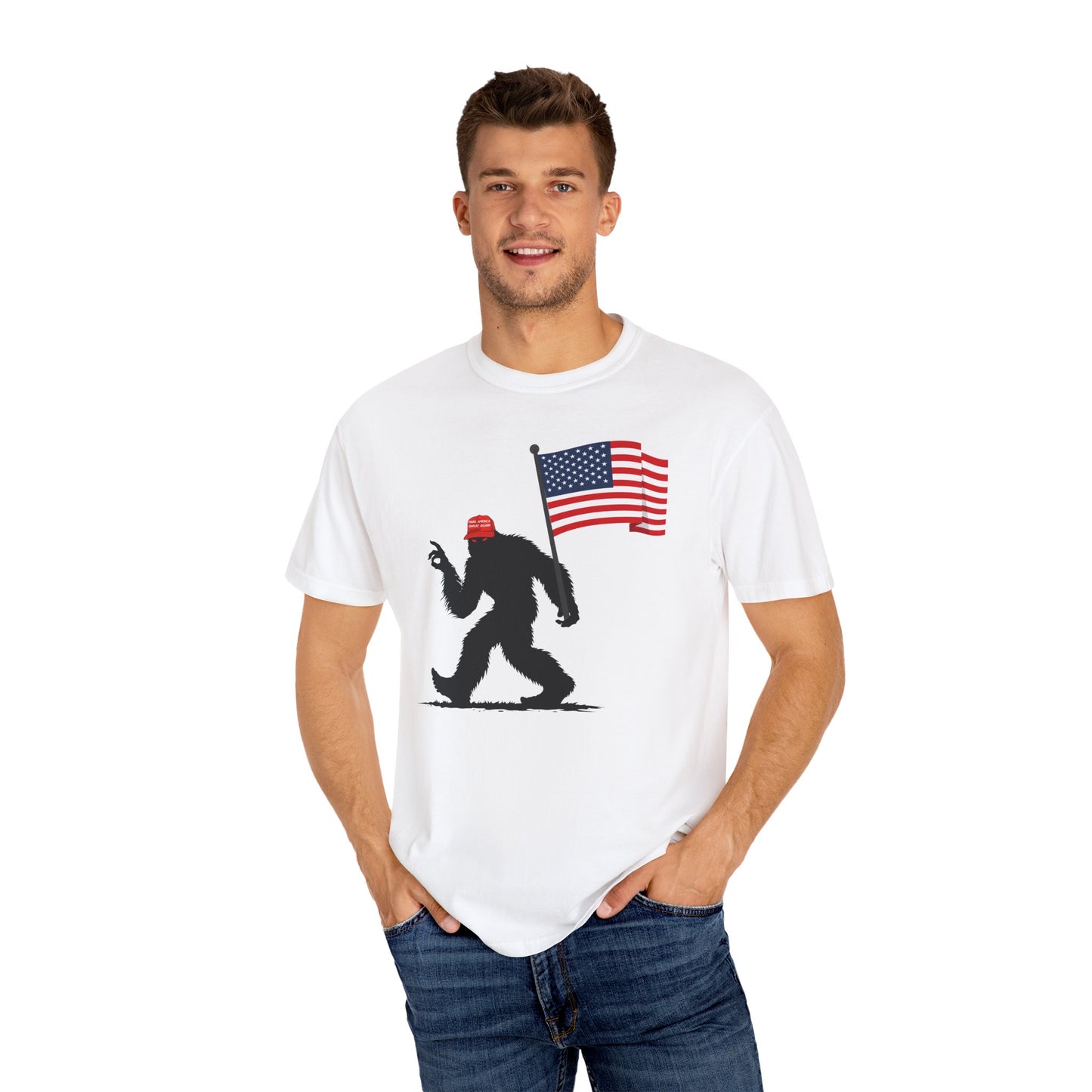 MAGA Hat Bigfoot OK USA Flag Color Comfort Unisex T-shirt