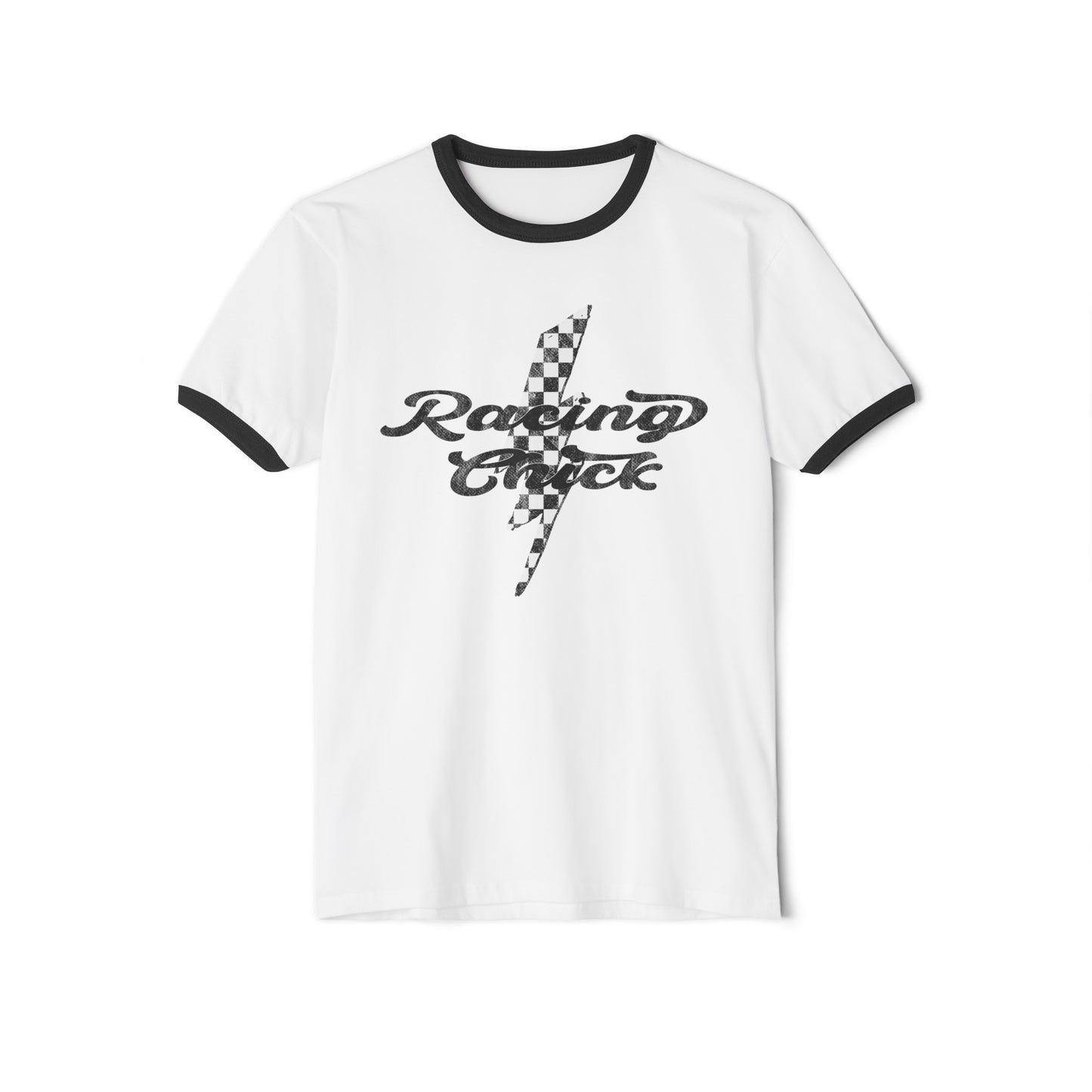 Race Day Racing Chick Lighting Checkered Cotton Ringer T-Shirt