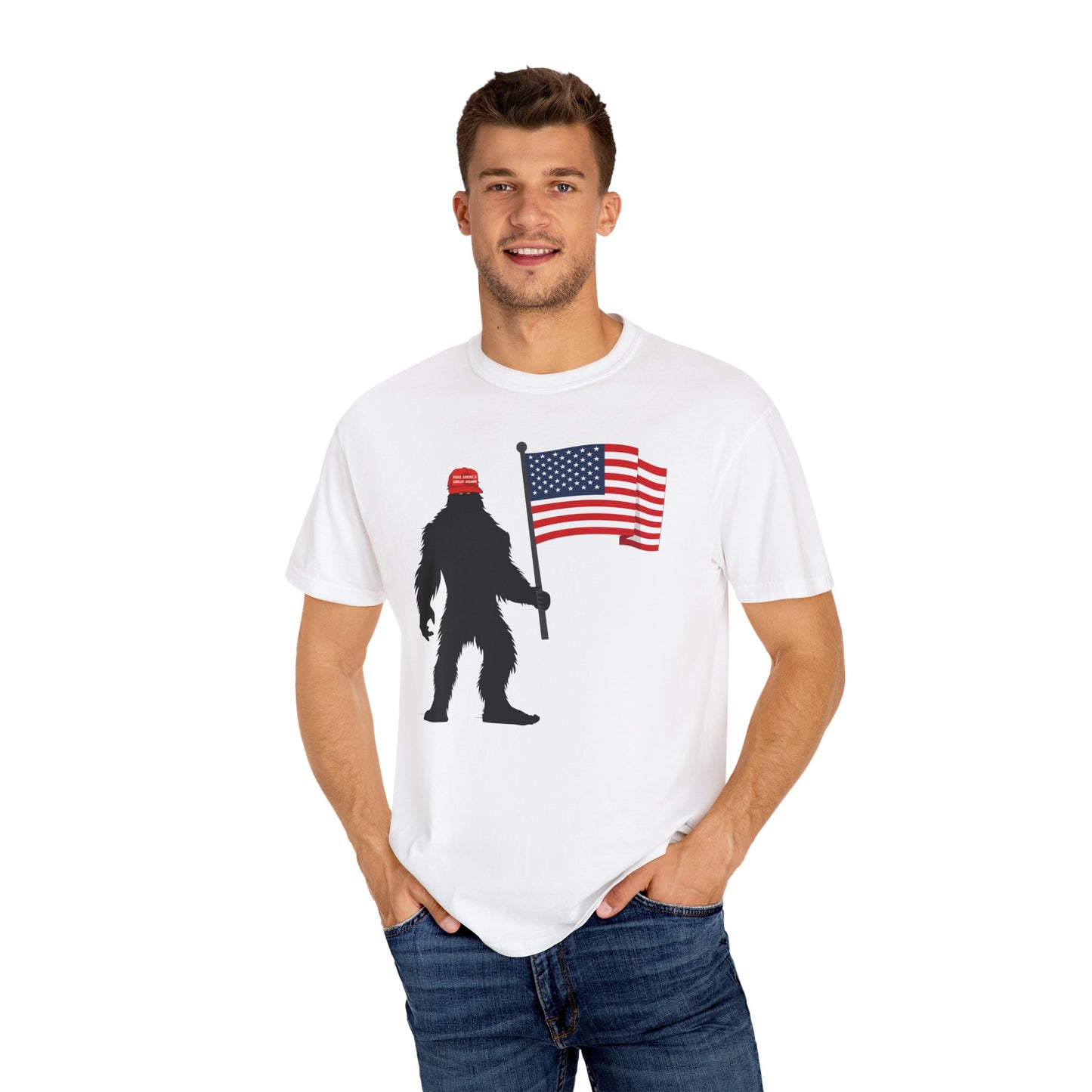 MAGA Hat Bigfoot USA Flag Color Comfort Unisex T-shirt