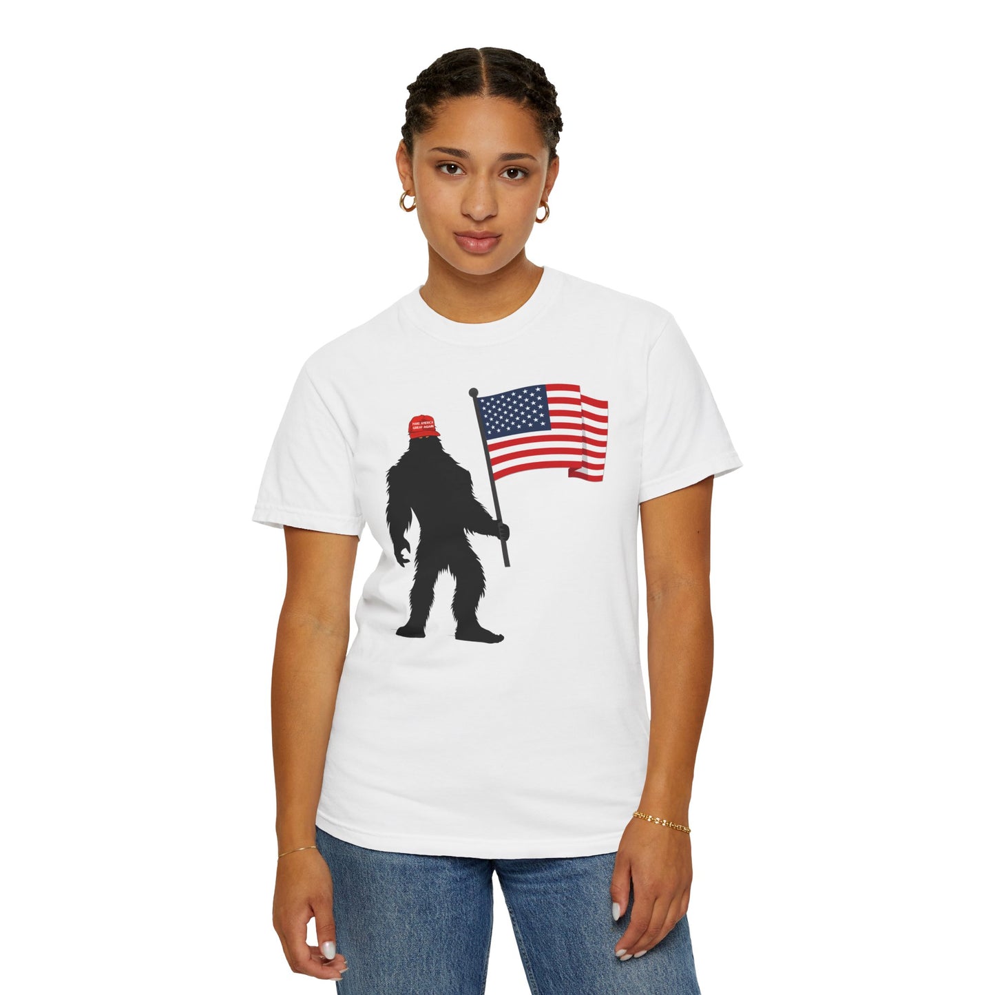 MAGA Hat Bigfoot USA Flag Color Comfort Unisex T-shirt