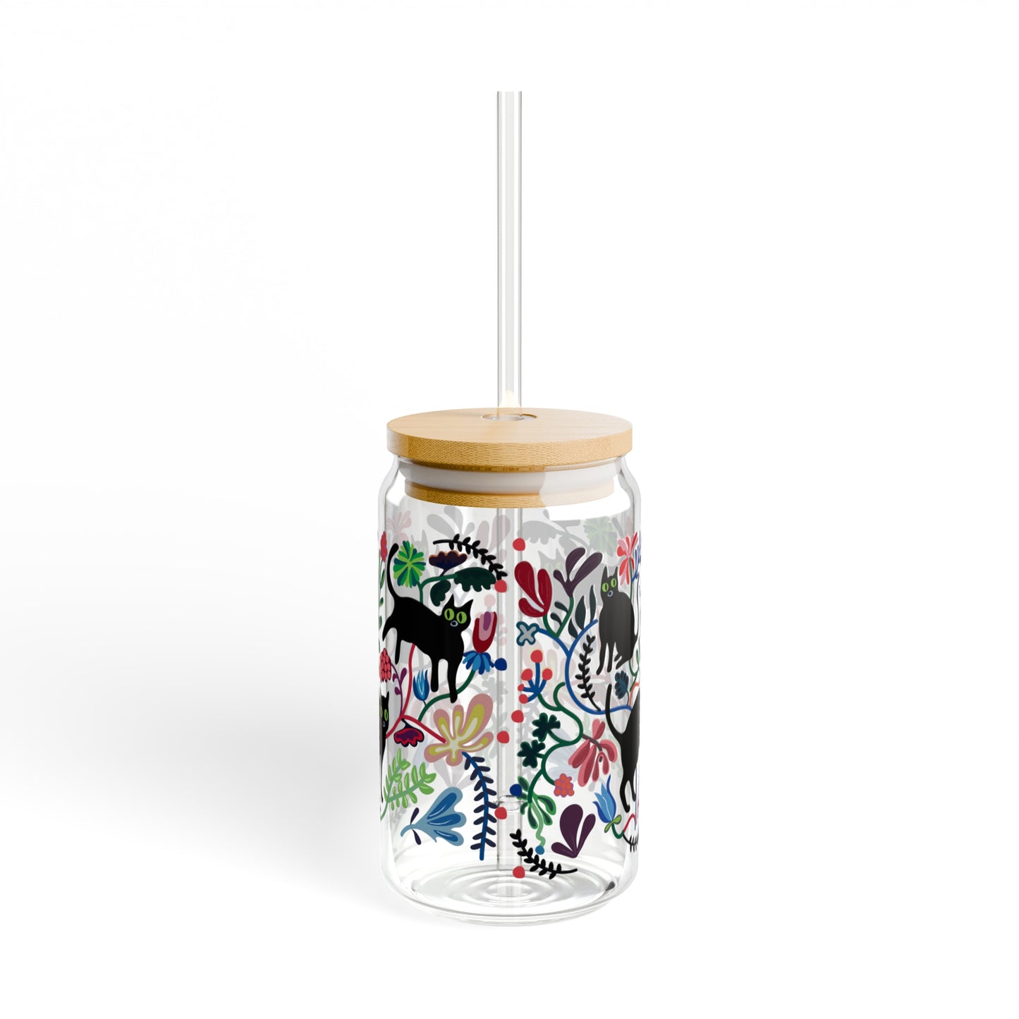 Retro cat and flower design Sipper Glass, 16oz