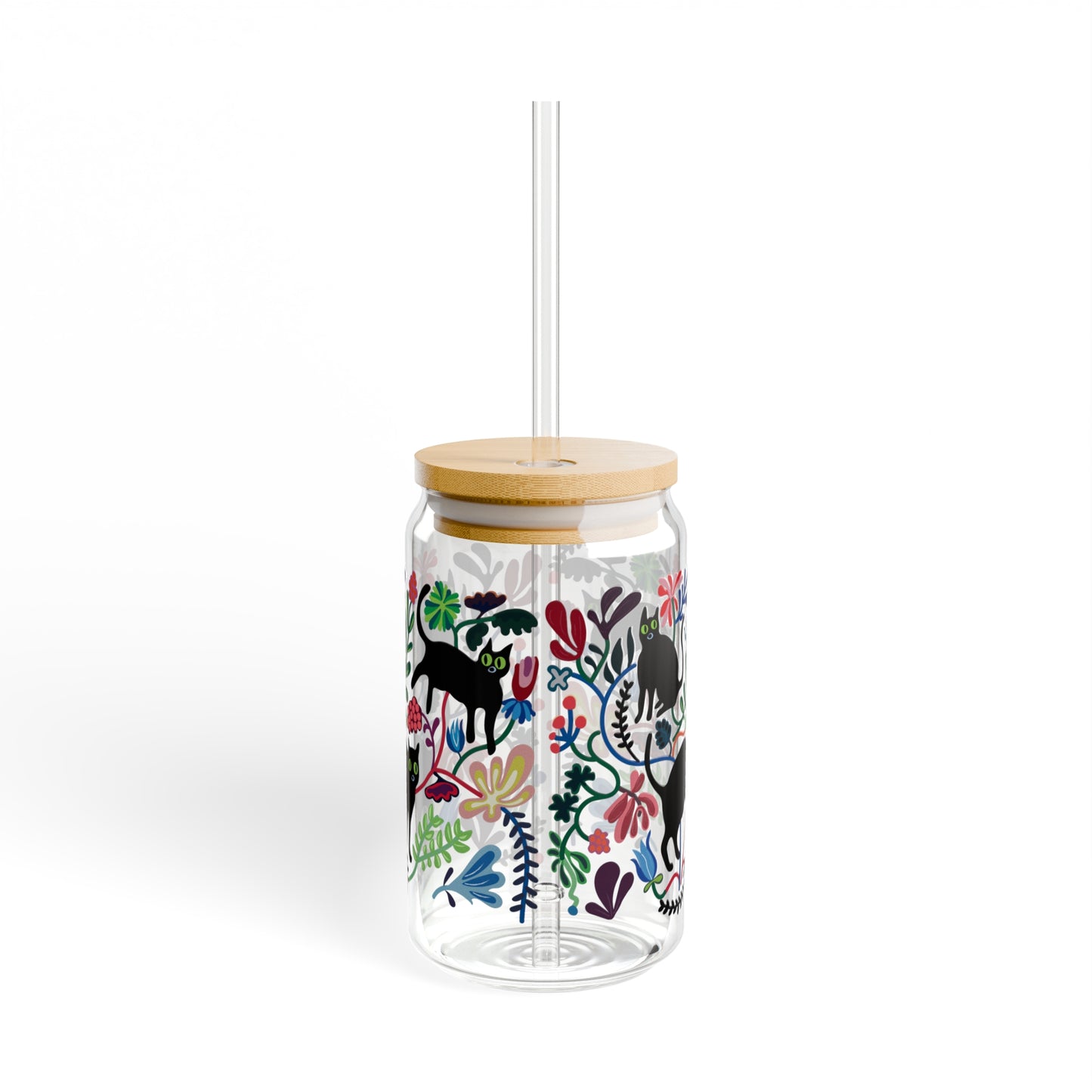 Retro cat and flower design Sipper Glass, 16oz
