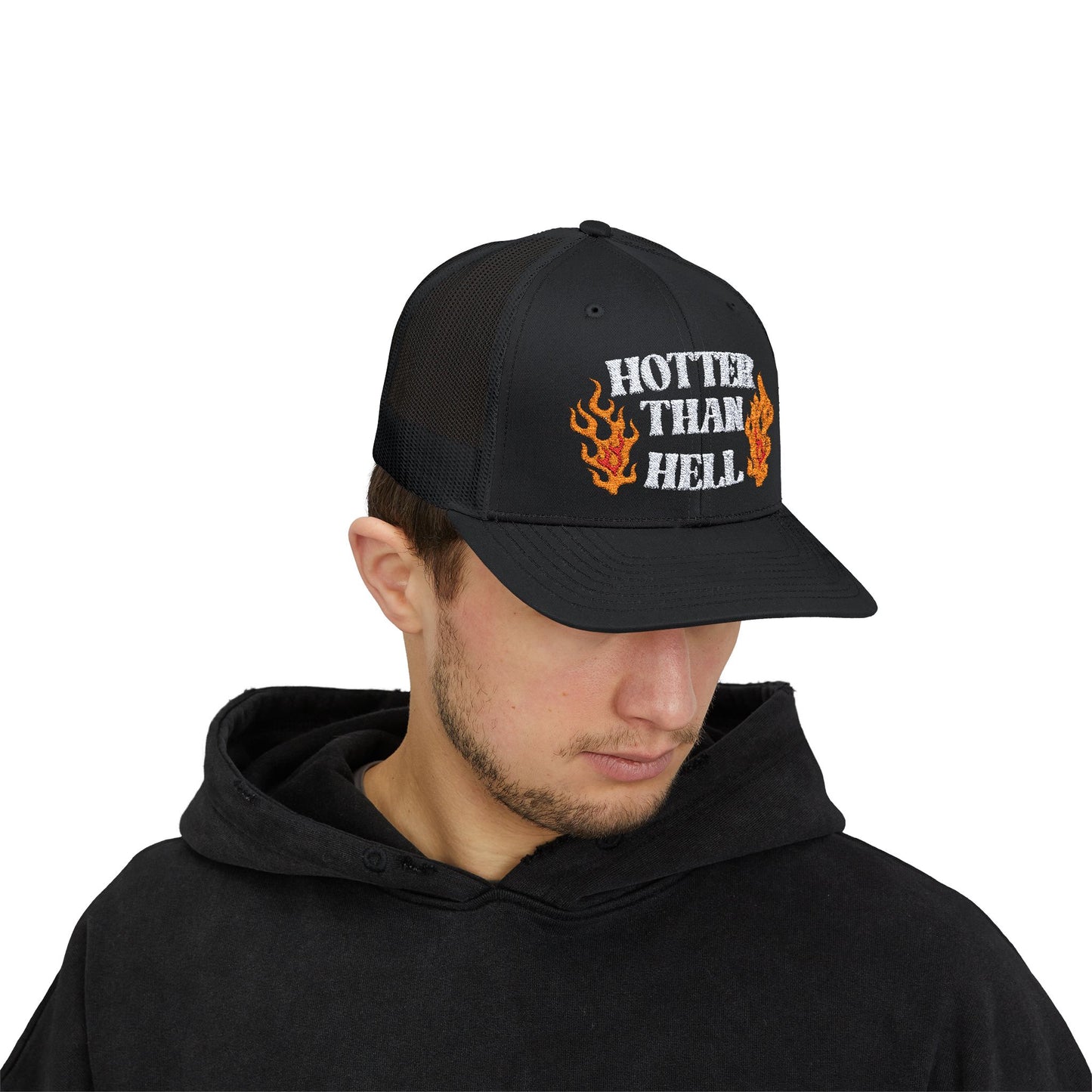 Hotter Than Hell Embroidery Snapback Trucker Cap