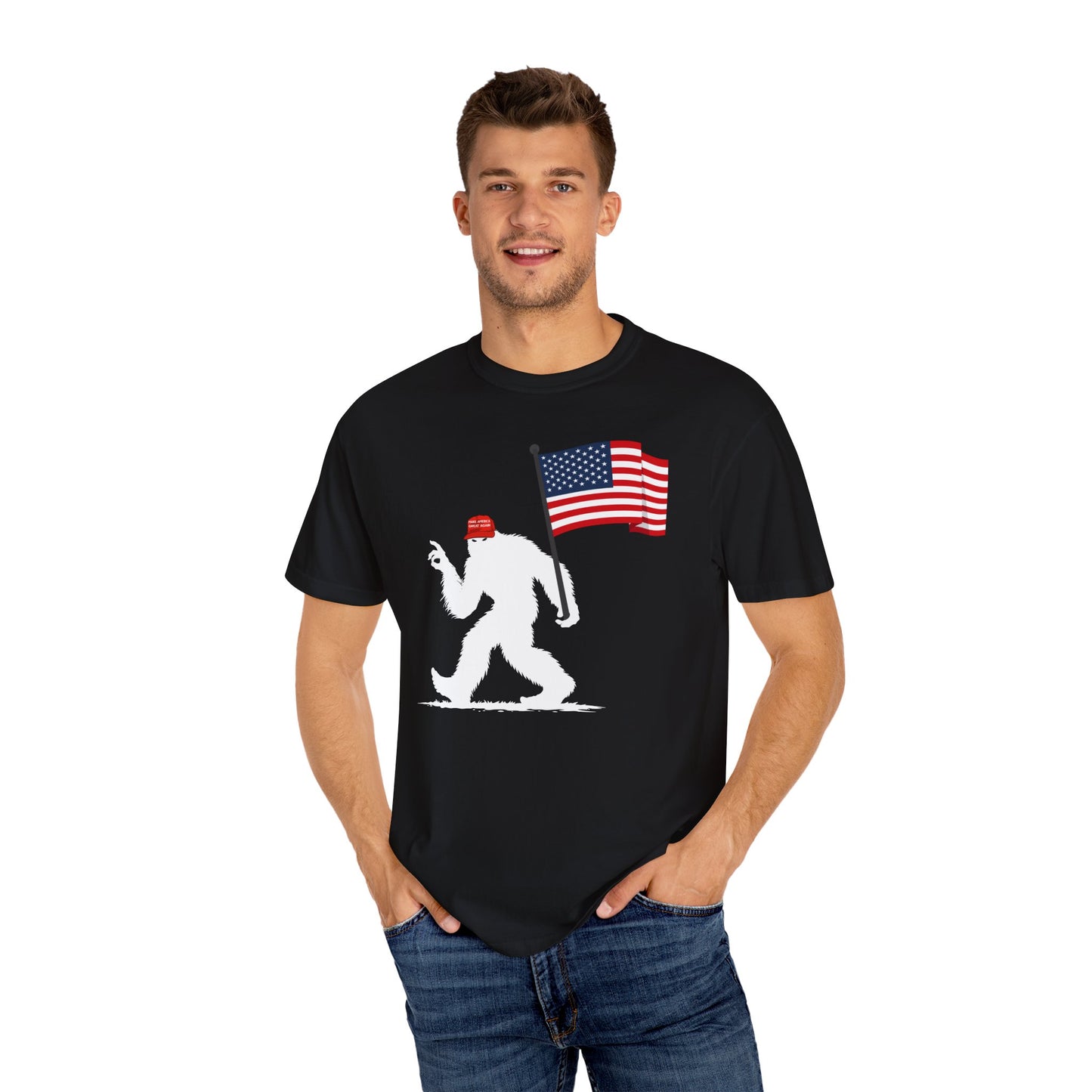 MAGA Hat Bigfoot OK USA Flag Color Comfort Unisex T-shirt
