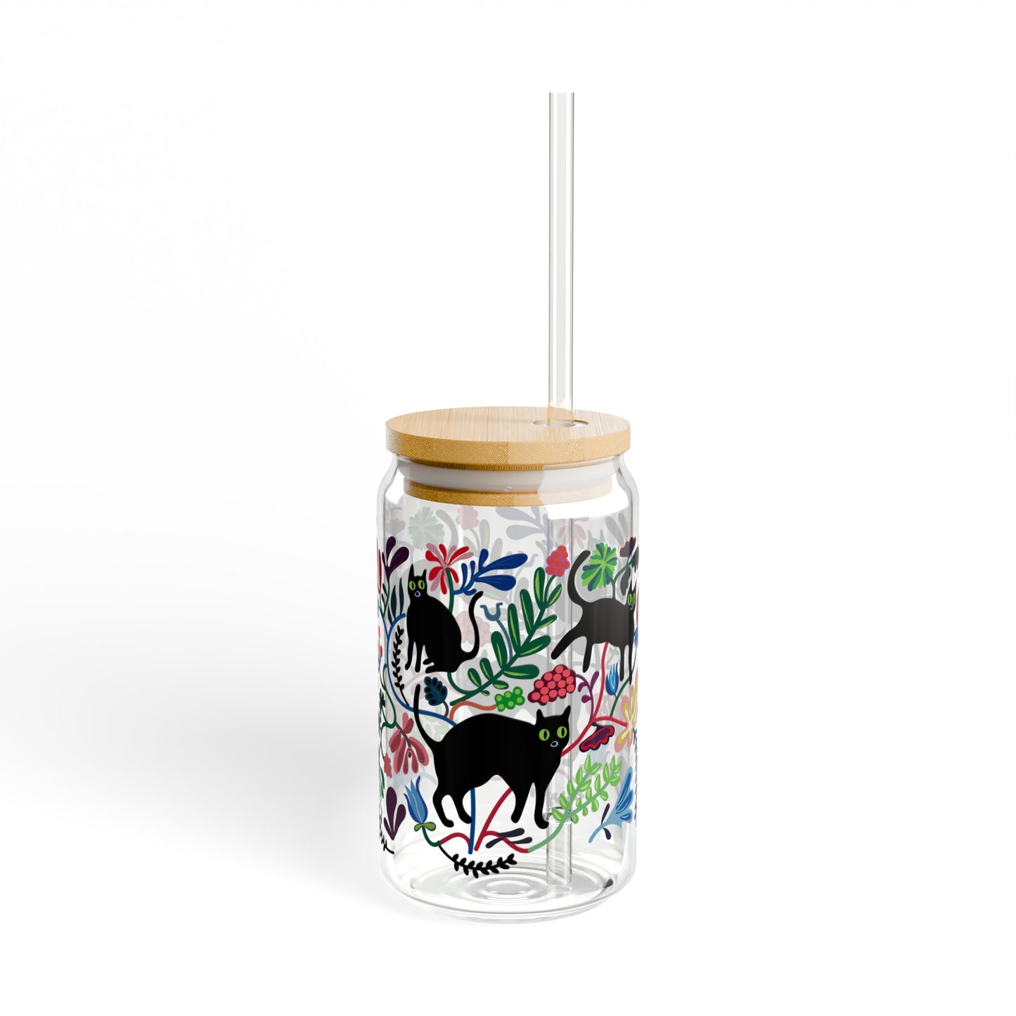 Retro cat and flower design Sipper Glass, 16oz