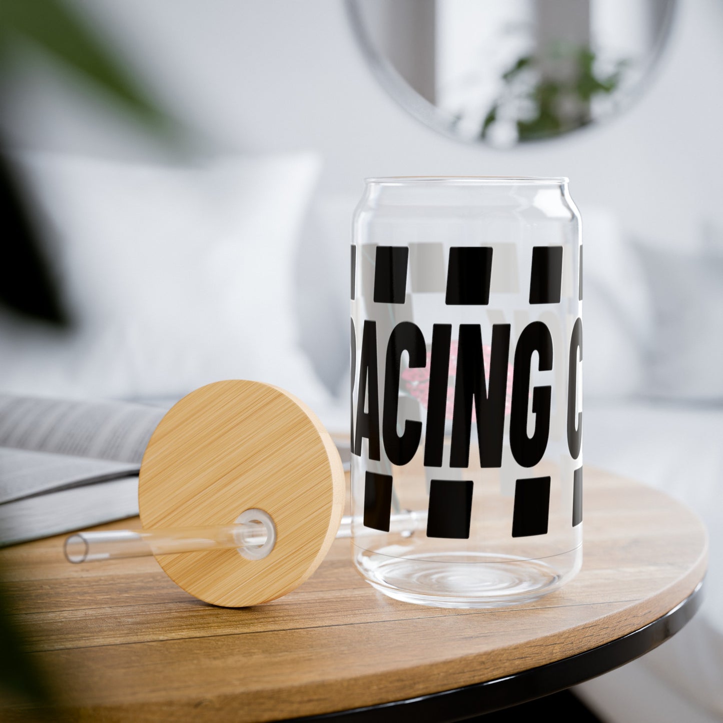 Racing Chick Black and white Checkered Sipper Glass, 16oz