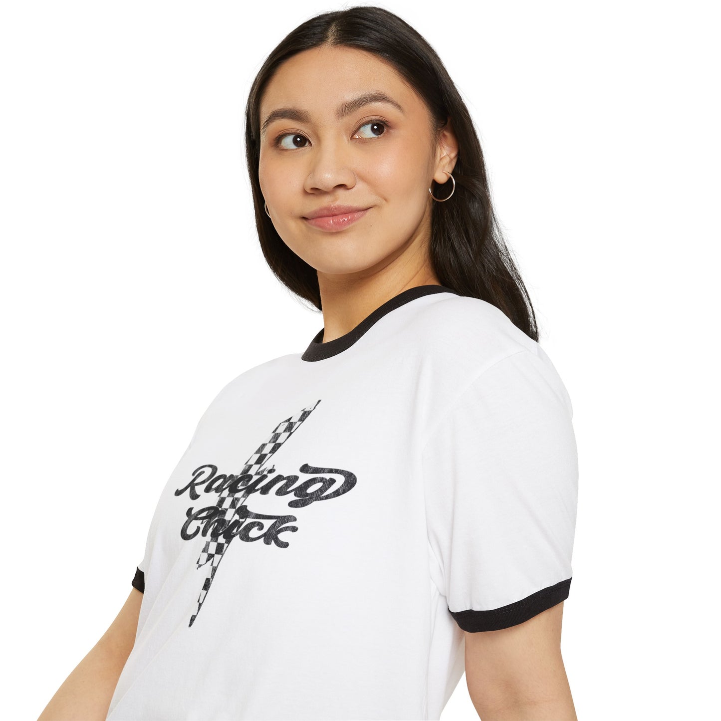 Race Day Racing Chick Lighting Checkered Cotton Ringer T-Shirt