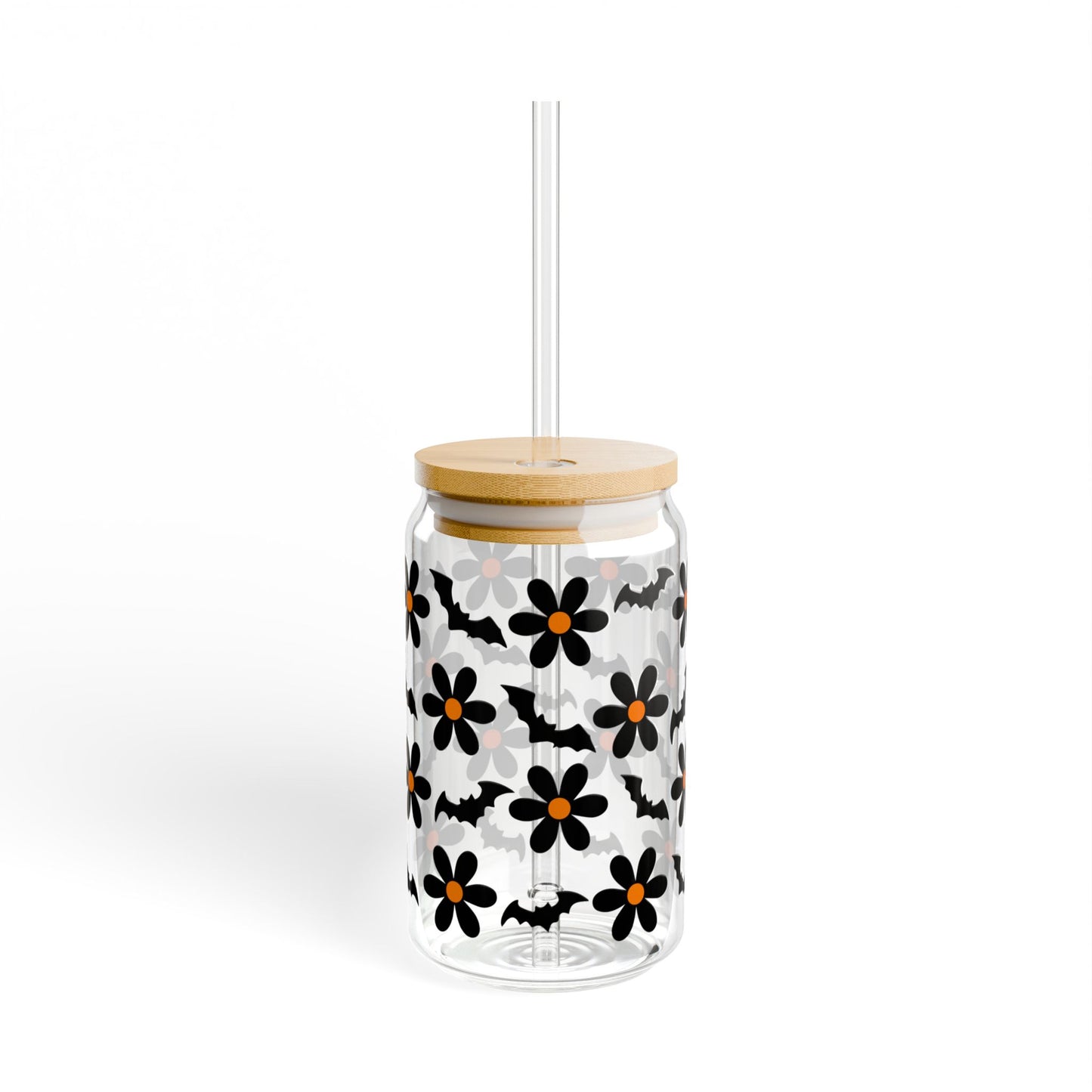 Halloween Bat Orange Black Flowers Sipper Glass, 16oz