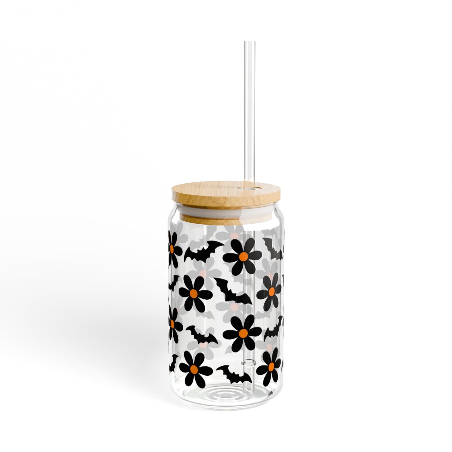 Halloween Bat Orange Black Flowers Sipper Glass, 16oz