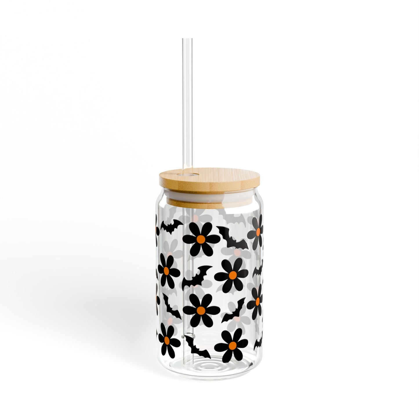 Halloween Bat Orange Black Flowers Sipper Glass, 16oz