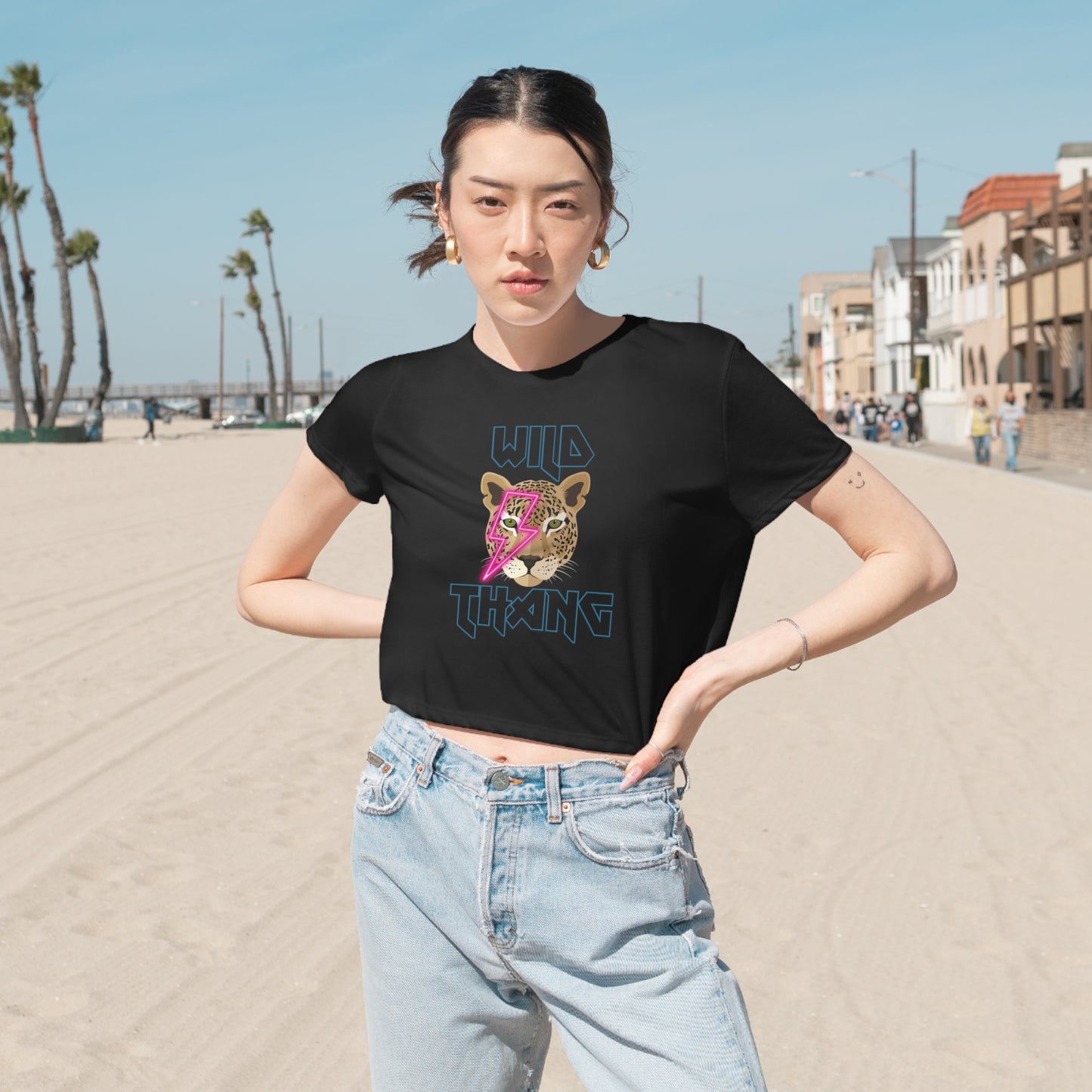 Wild Thang Neon Pink Lightening Leopard Women's Flowy Cropped Tee