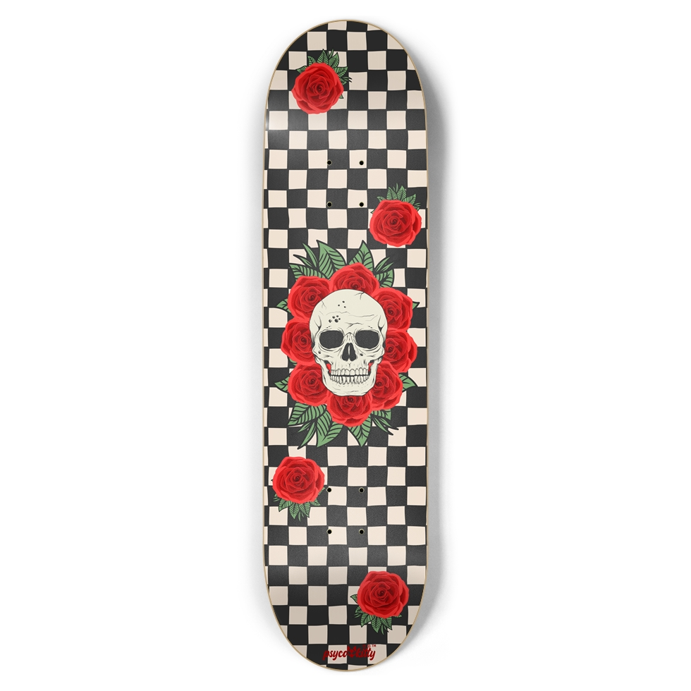 Skateboard Deck Skull Roses & Check