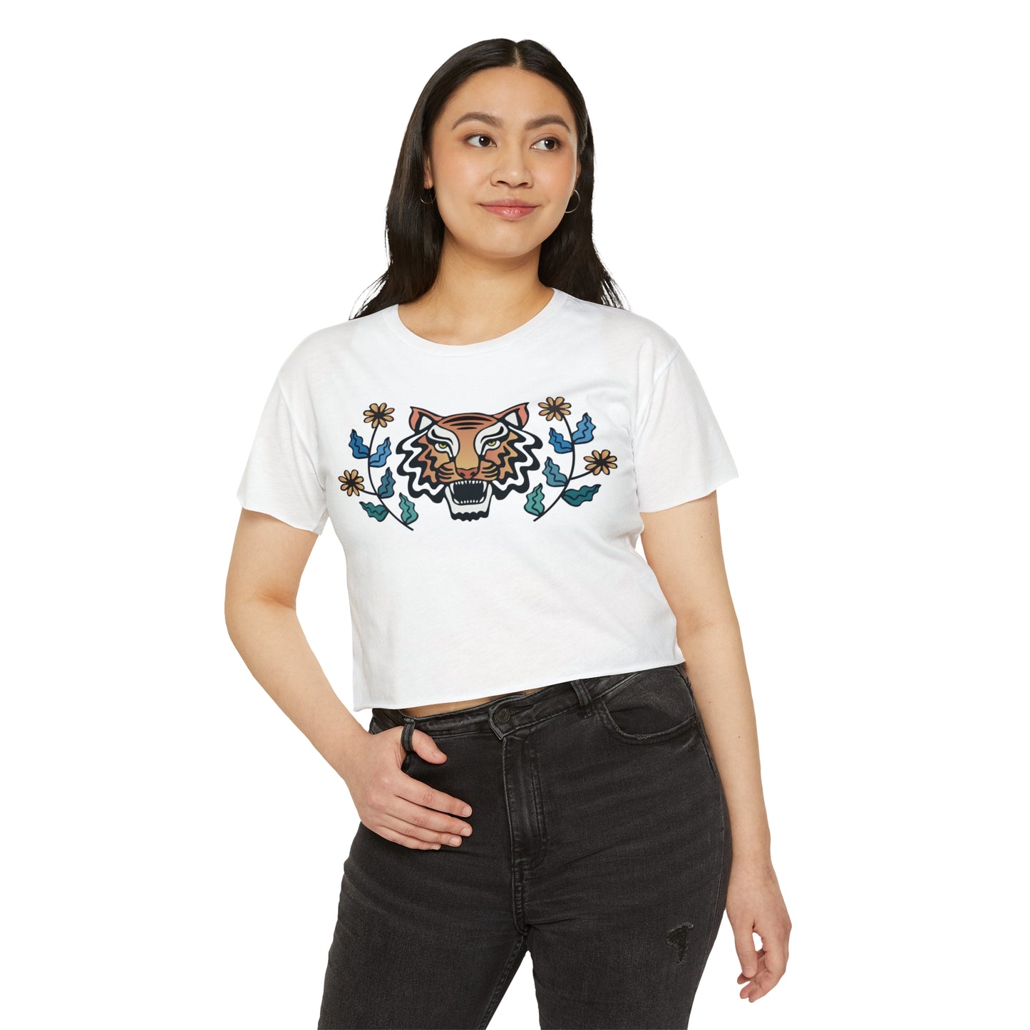 Retro Tiger with Flowers Women's Festival Crop Top
