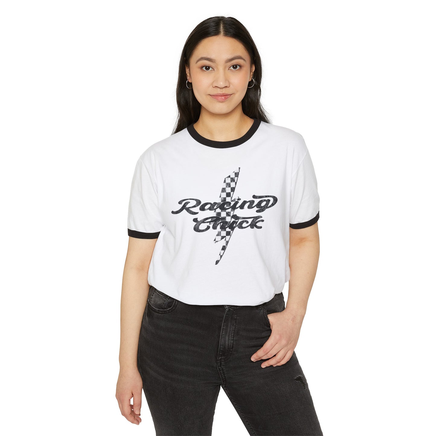 Race Day Racing Chick Lighting Checkered Cotton Ringer T-Shirt