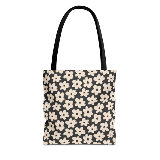 Black and Tan Retro Flower Tote Bag 3 sizes