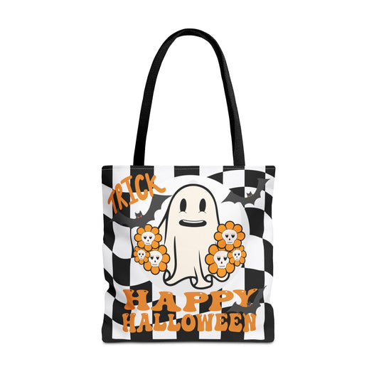 Halloween Trick Treat Retro Ghost Skull Check Tote Bag 3 sizes