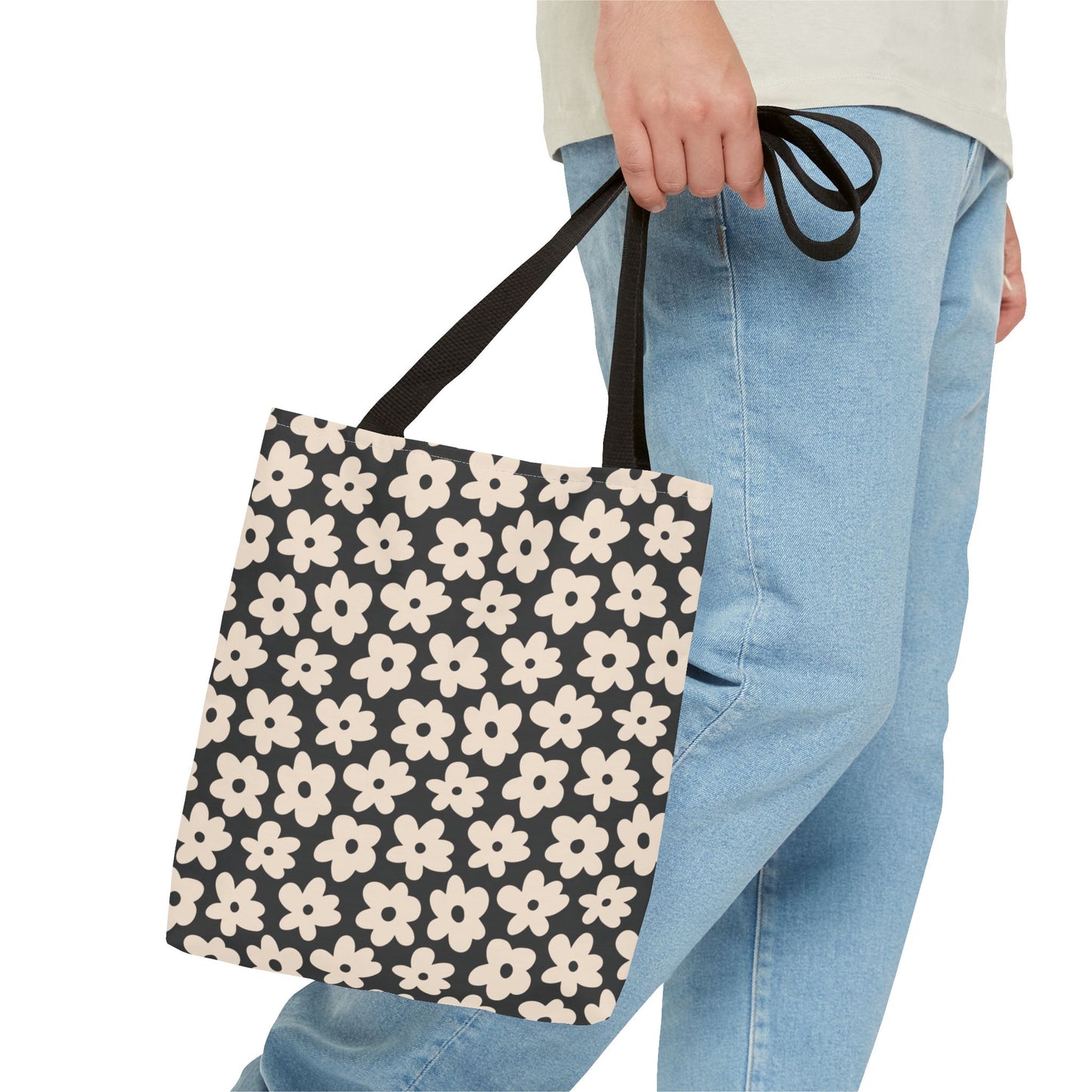 Black and Tan Retro Flower Tote Bag 3 sizes