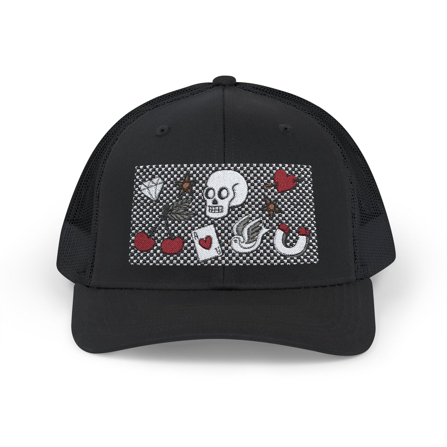 Tattoo Skull Cherries Diamond Horseshoe Embroidery Snapback Trucker Cap