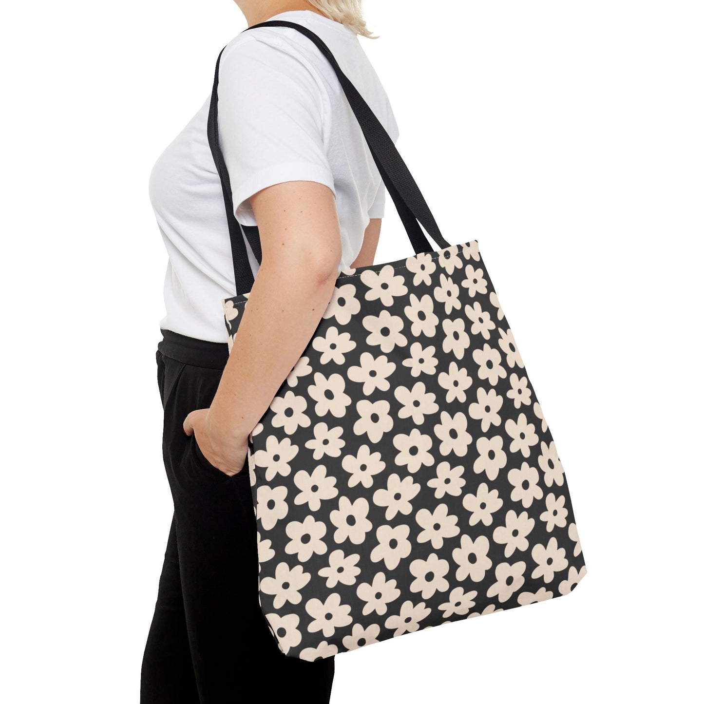 Black and Tan Retro Flower Tote Bag 3 sizes