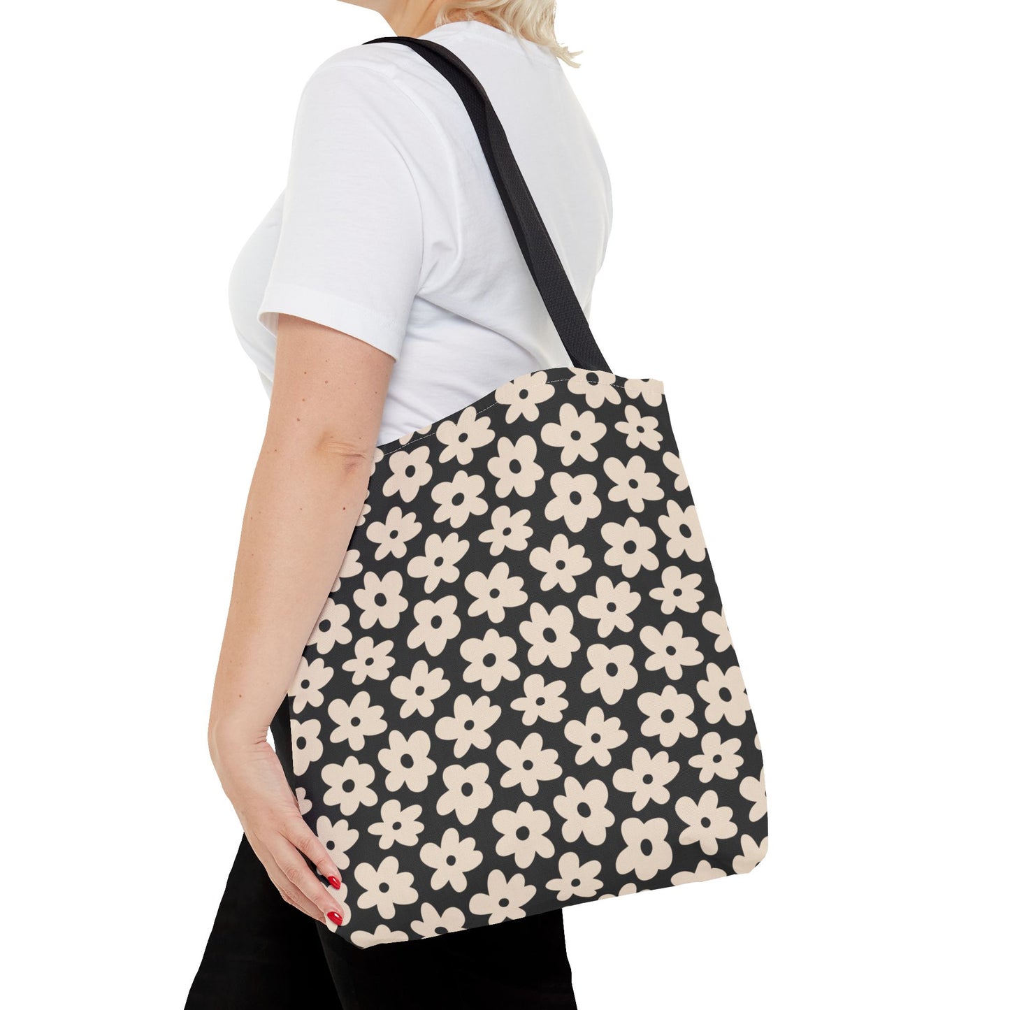 Black and Tan Retro Flower Tote Bag 3 sizes