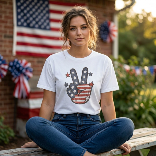American Flag Peace Sign T-Shirt - Vintage Patriotic Graphic Tee - Color Comfort Tee