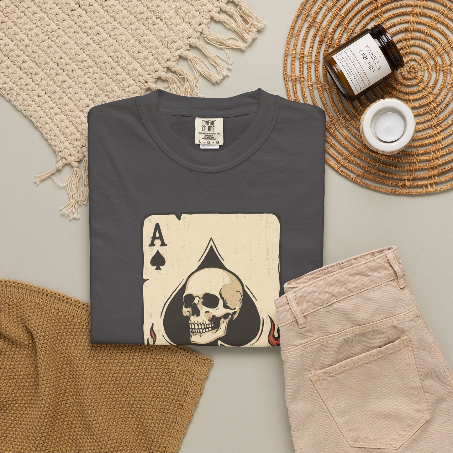 Vintage Ace Card with Skull and Flames Comfort Graphic Tee