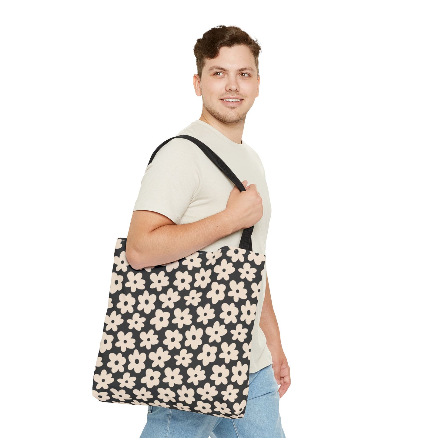 Black and Tan Retro Flower Tote Bag 3 sizes