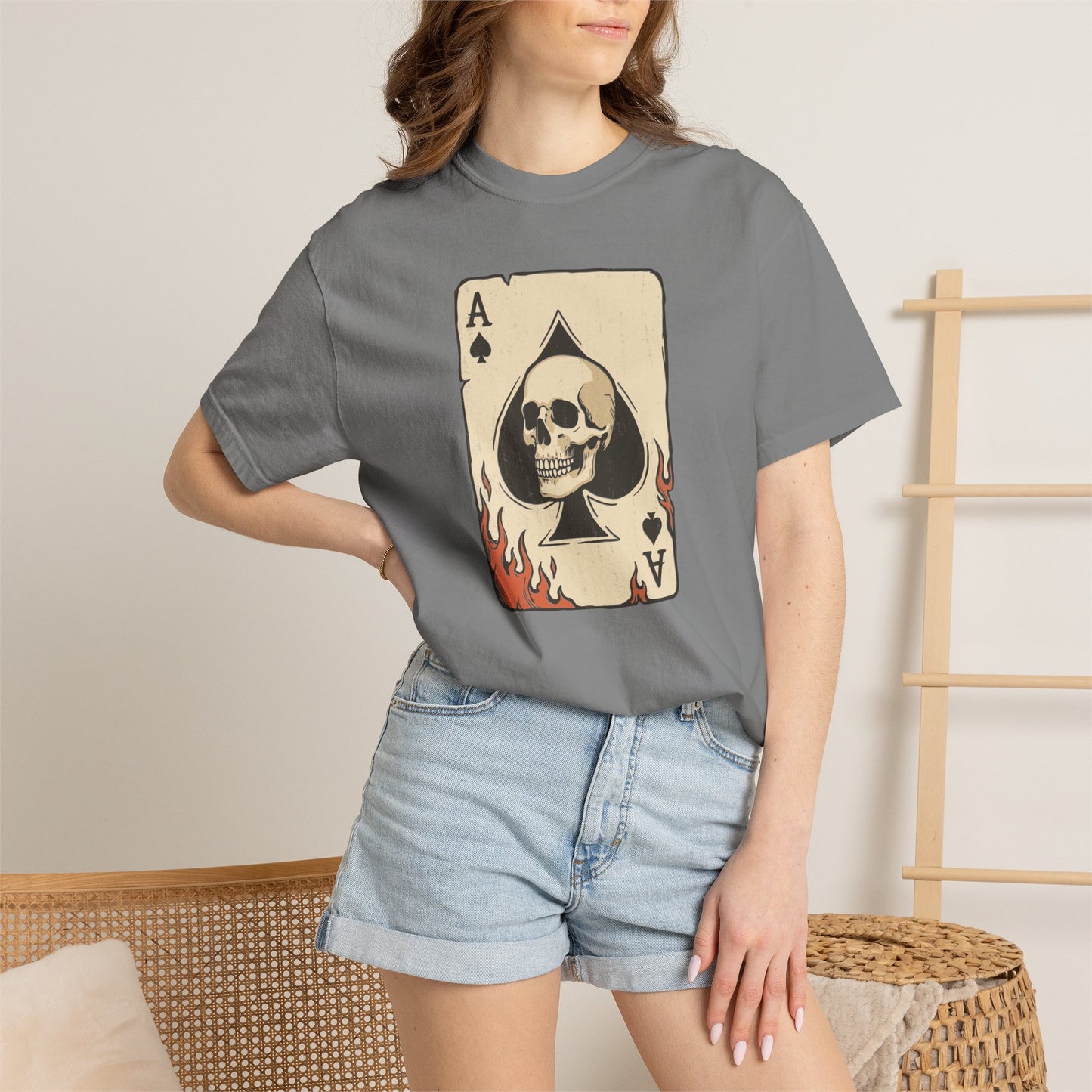 Vintage Ace Card with Skull and Flames Comfort Graphic Tee