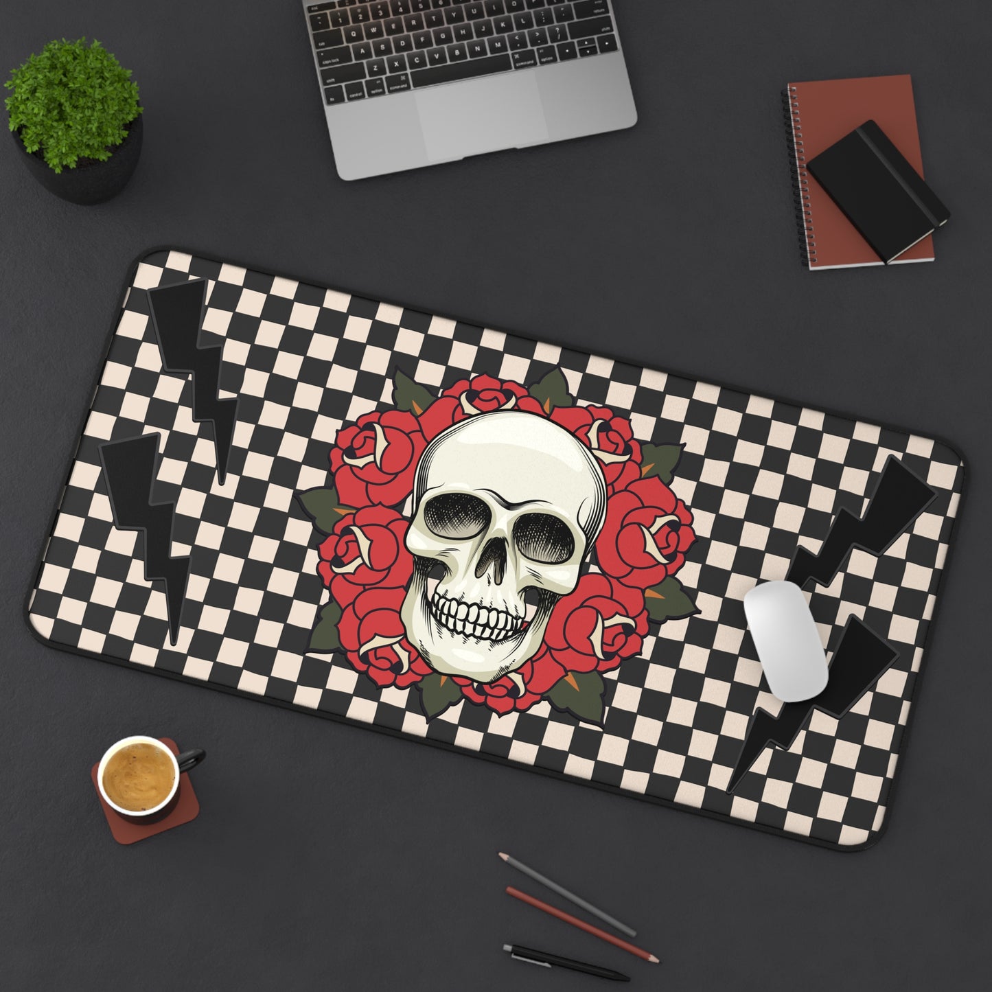 Skull Rose Lighting Check Desk Mat