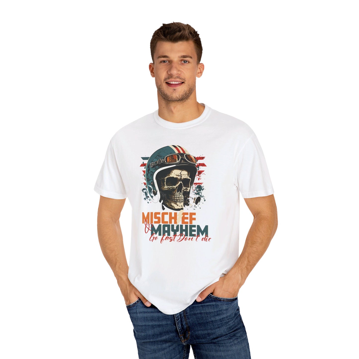 Mischief and Mayhem Go Fast Don't Die Racing Skull Comfort Colors Tshirt