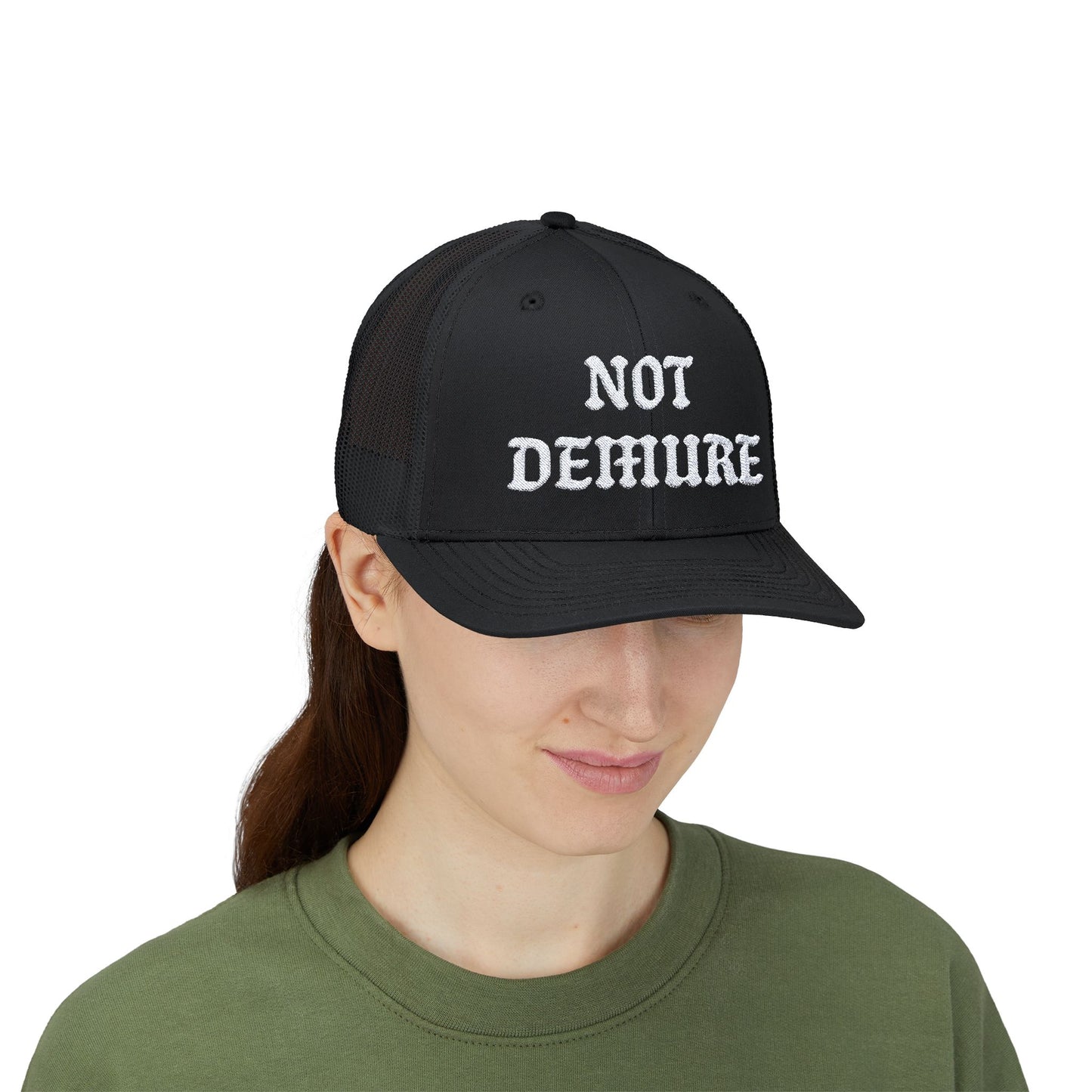 Not Demure Embroidery Snapback Trucker Cap