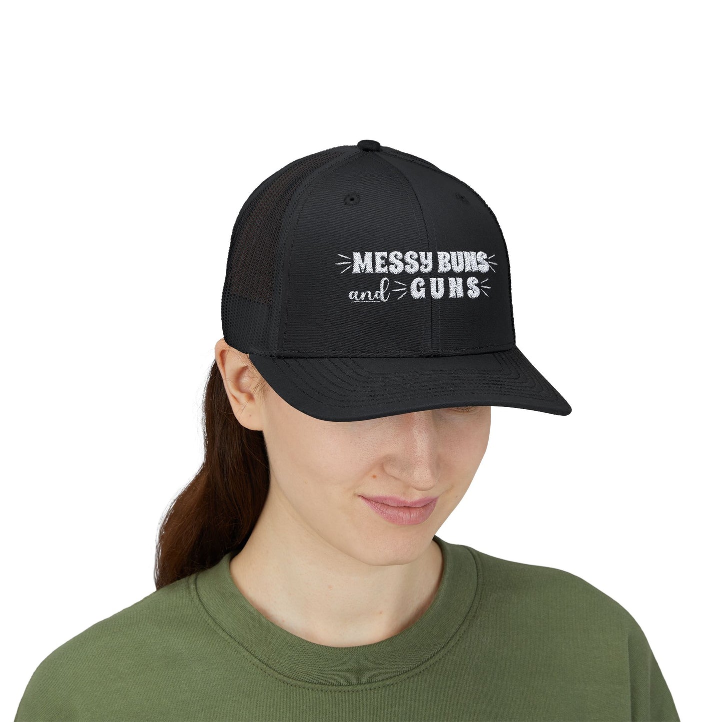 Messy Buns and Guns Embroidery Snapback Trucker Cap